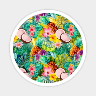 tropical pineapple exotic botanical illustration with floral tropical fruits, botanical pattern. yellow fruit pattern over a Magnet